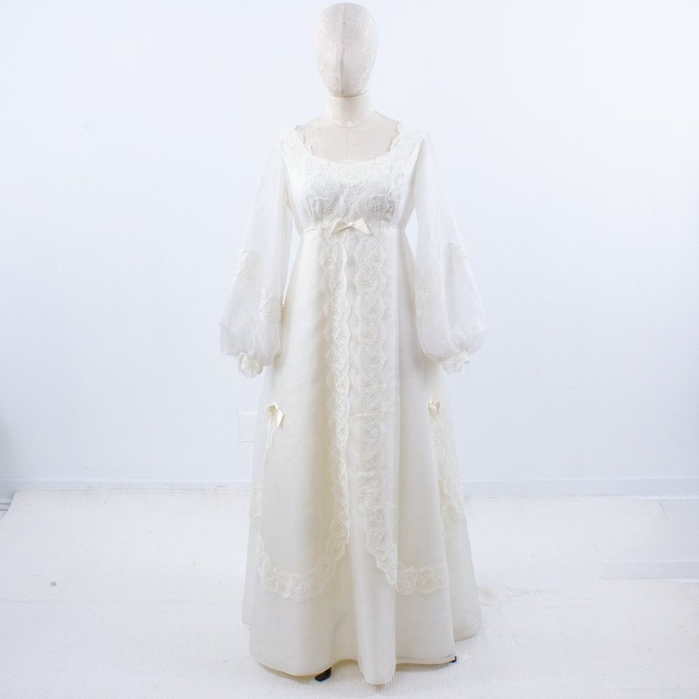 Wedding Dress Vintage 70s 6 Boho Long Sleeve Full Princess Bridal Gown Ivory - Picture 14 of 14